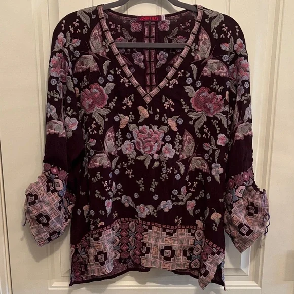 Johnny Was Women's Burgundy and Pink Floral Blouse - Picture 1 of 4